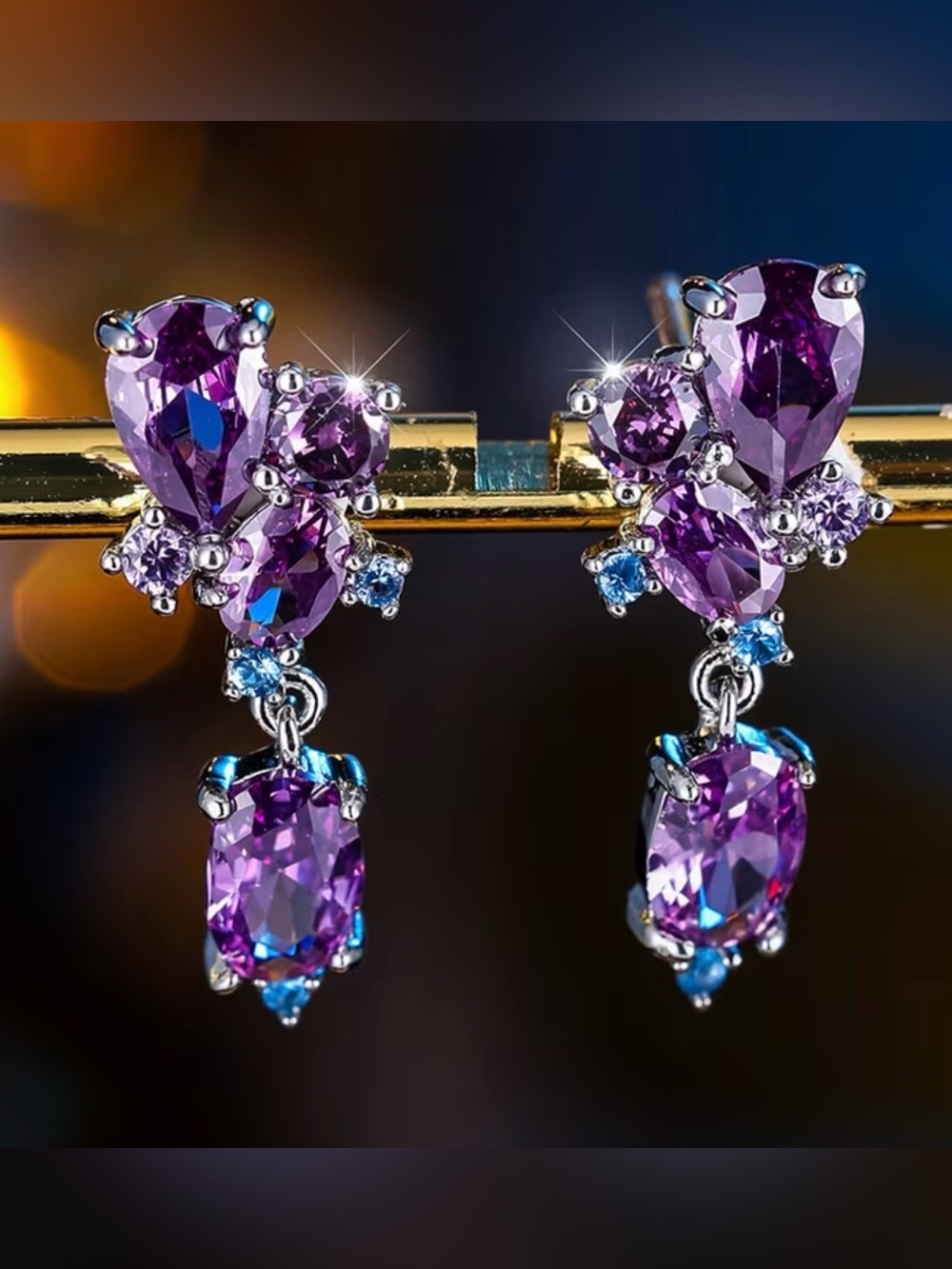 New! Purple CZ Drop Earrings - Sparkling Teardrop & Oval Design